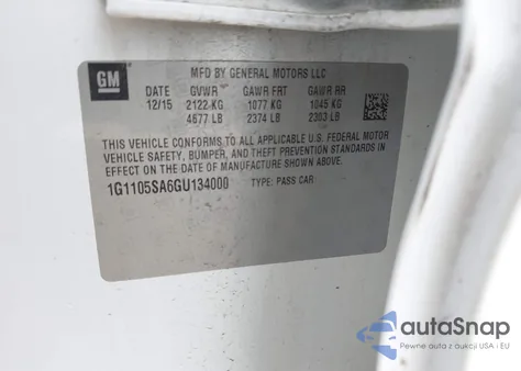 2016 Chevrolet Impala 1Lt из США, поврежденный, VIN 1G1105SA6GU134000